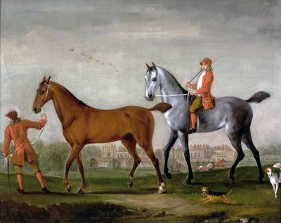 Two Racehorses with Grooms and Hounds in the Park at Newstead Abbey, Nottinghamshire by Peter Tillemans